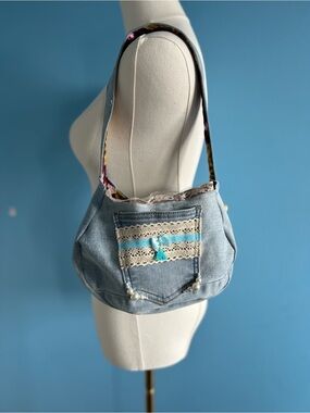 Light Blue Denim Shoulder Bag with Lace Trim